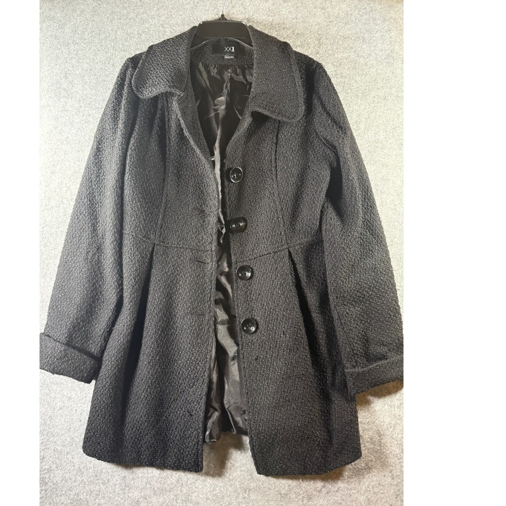 XXI Forever 21 Black Textured Bouclé Pea Coat Button Front Flared Womens M